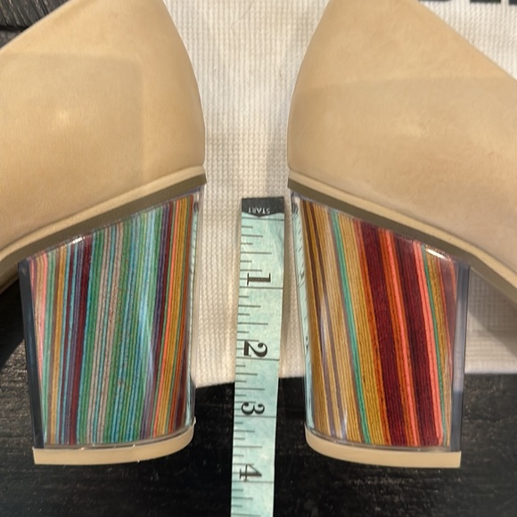 AUDLEY Beige Leather Peep Toes Multicolored Stripey Block Heels Brand New - Picture 9 of 9